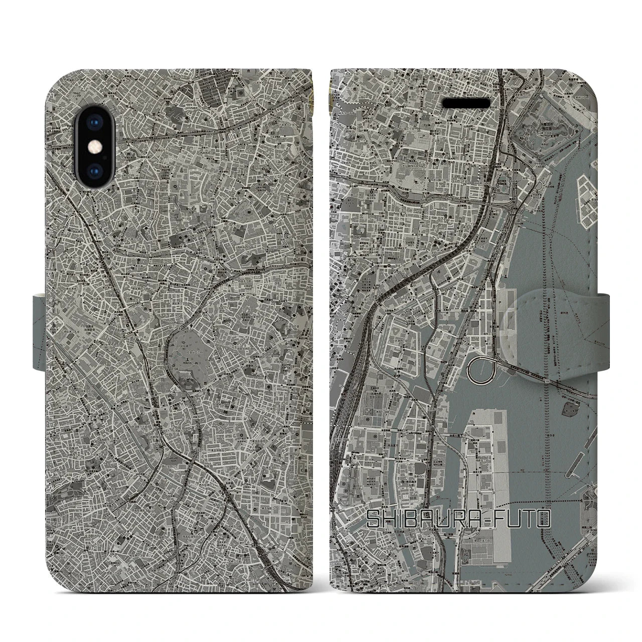 【芝浦ふ頭(東京都)】地図柄iPhoneケース(手帳タイプ)モノトーン・iPhone XS / X 用