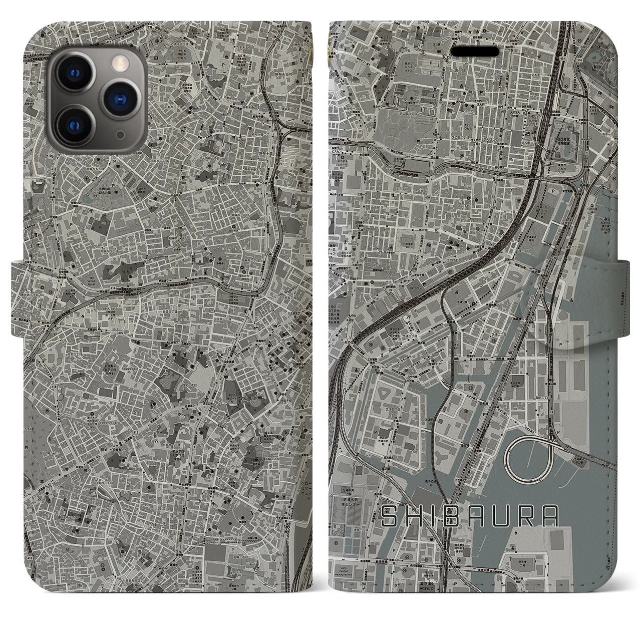 【芝浦(東京都)】地図柄iPhoneケース(手帳タイプ)モノトーン・iPhone 11 Pro Max 用
