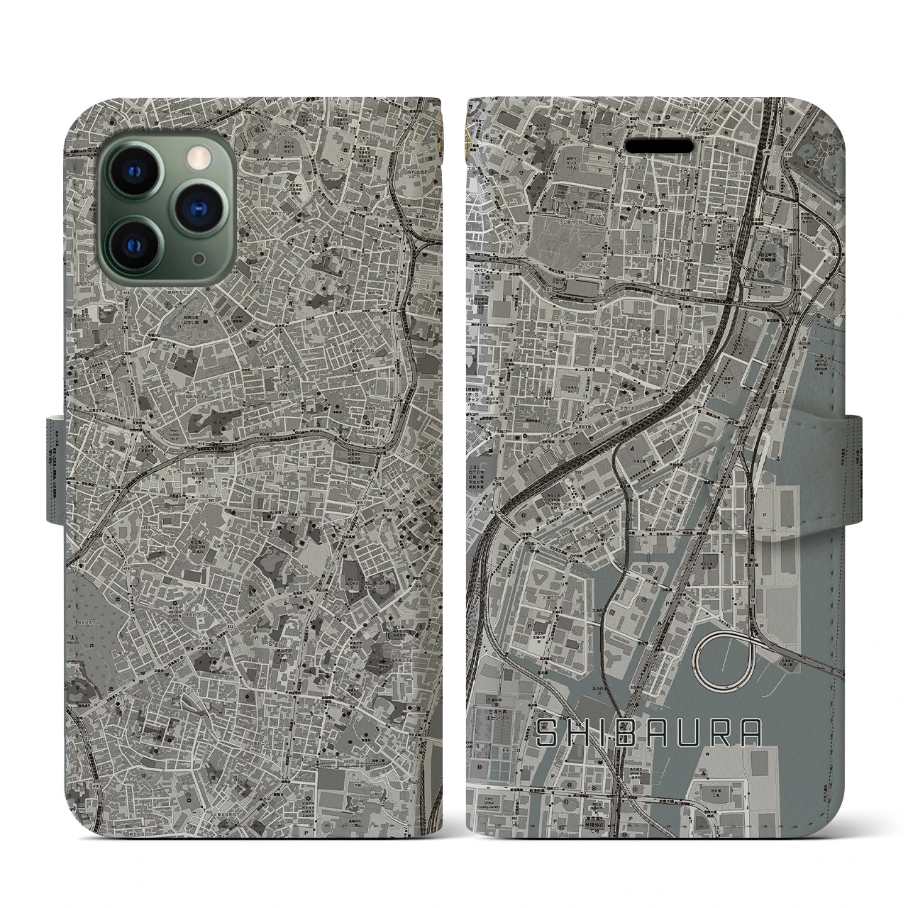 【芝浦(東京都)】地図柄iPhoneケース(手帳タイプ)モノトーン・iPhone 11 Pro 用