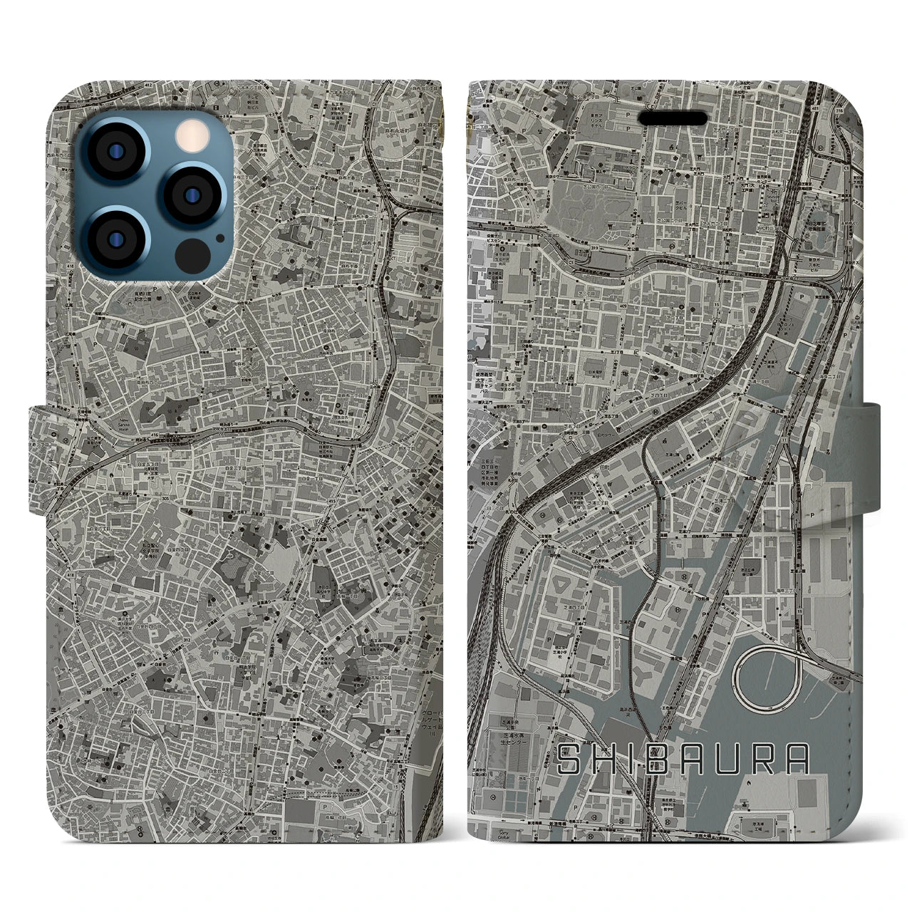【芝浦(東京都)】地図柄iPhoneケース(手帳タイプ)モノトーン・iPhone 12 / 12 Pro 用