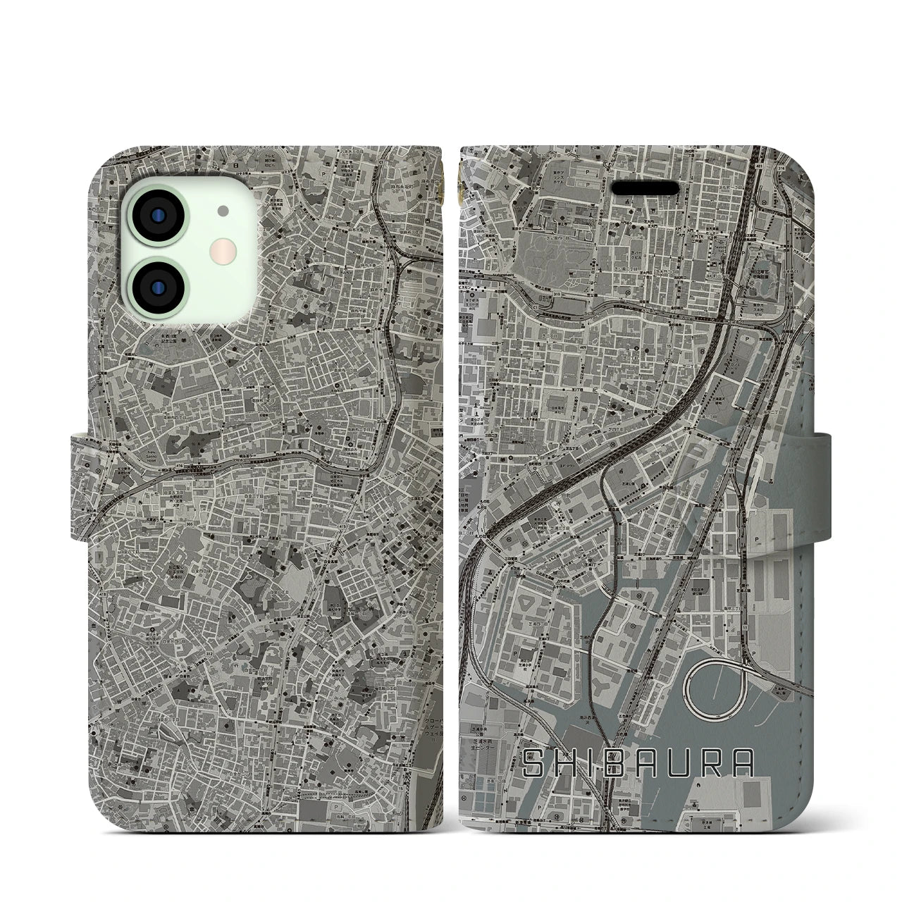 【芝浦(東京都)】地図柄iPhoneケース(手帳タイプ)モノトーン・iPhone 12 mini 用