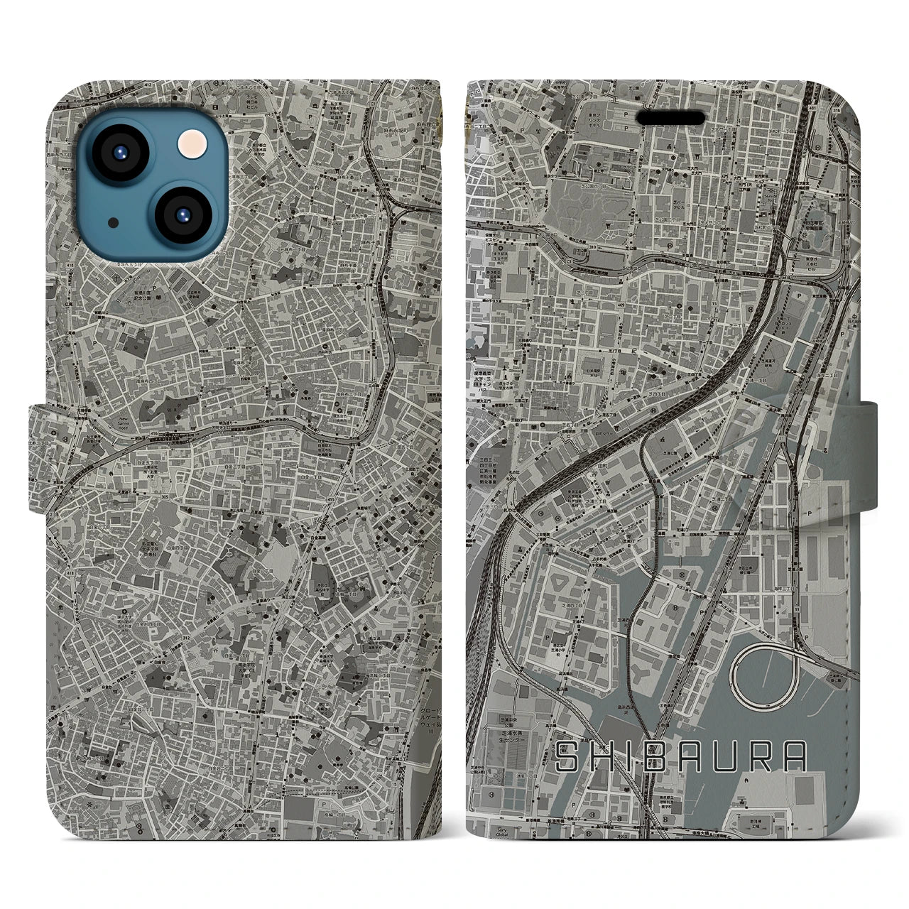 【芝浦(東京都)】地図柄iPhoneケース(手帳タイプ)モノトーン・iPhone 13 用