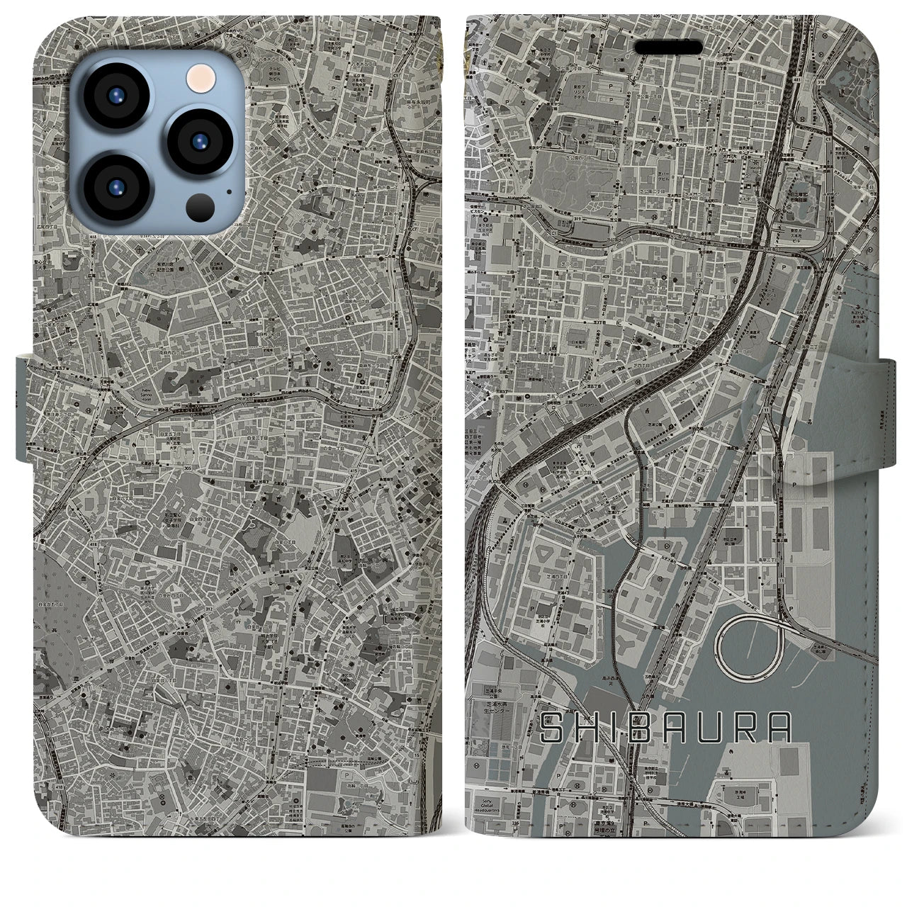 【芝浦(東京都)】地図柄iPhoneケース(手帳タイプ)モノトーン・iPhone 13 Pro Max 用