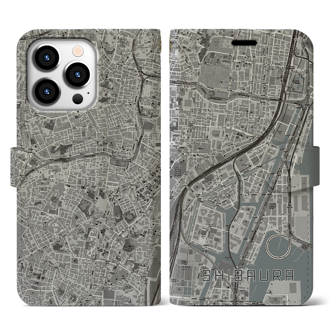 【芝浦(東京都)】地図柄iPhoneケース(手帳タイプ)モノトーン・iPhone 13 Pro 用