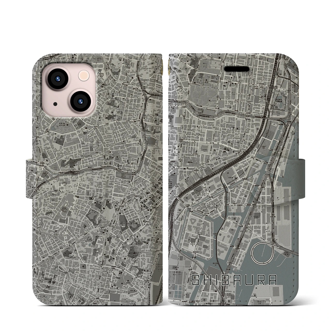 【芝浦(東京都)】地図柄iPhoneケース(手帳タイプ)モノトーン・iPhone 13 mini 用