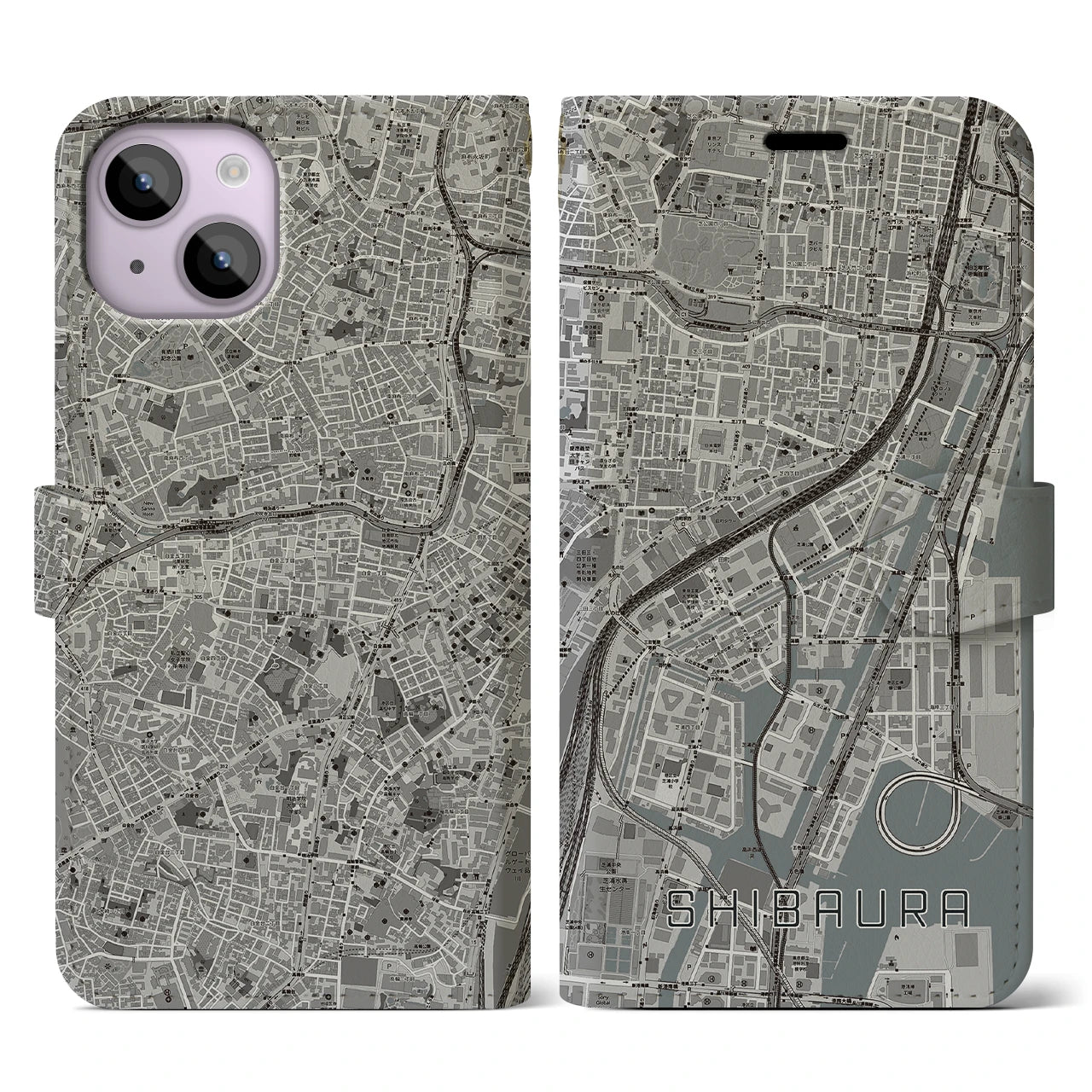 【芝浦(東京都)】地図柄iPhoneケース(手帳タイプ)モノトーン・iPhone 14 用