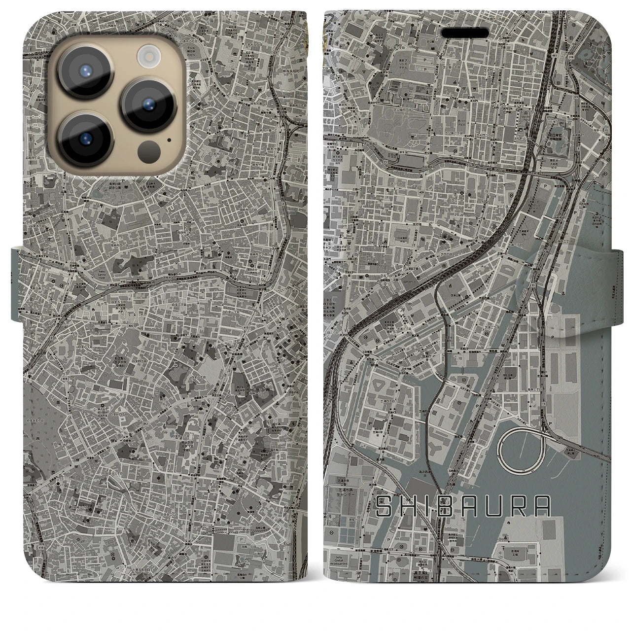 【芝浦(東京都)】地図柄iPhoneケース(手帳タイプ)モノトーン・iPhone 14 Pro Max 用