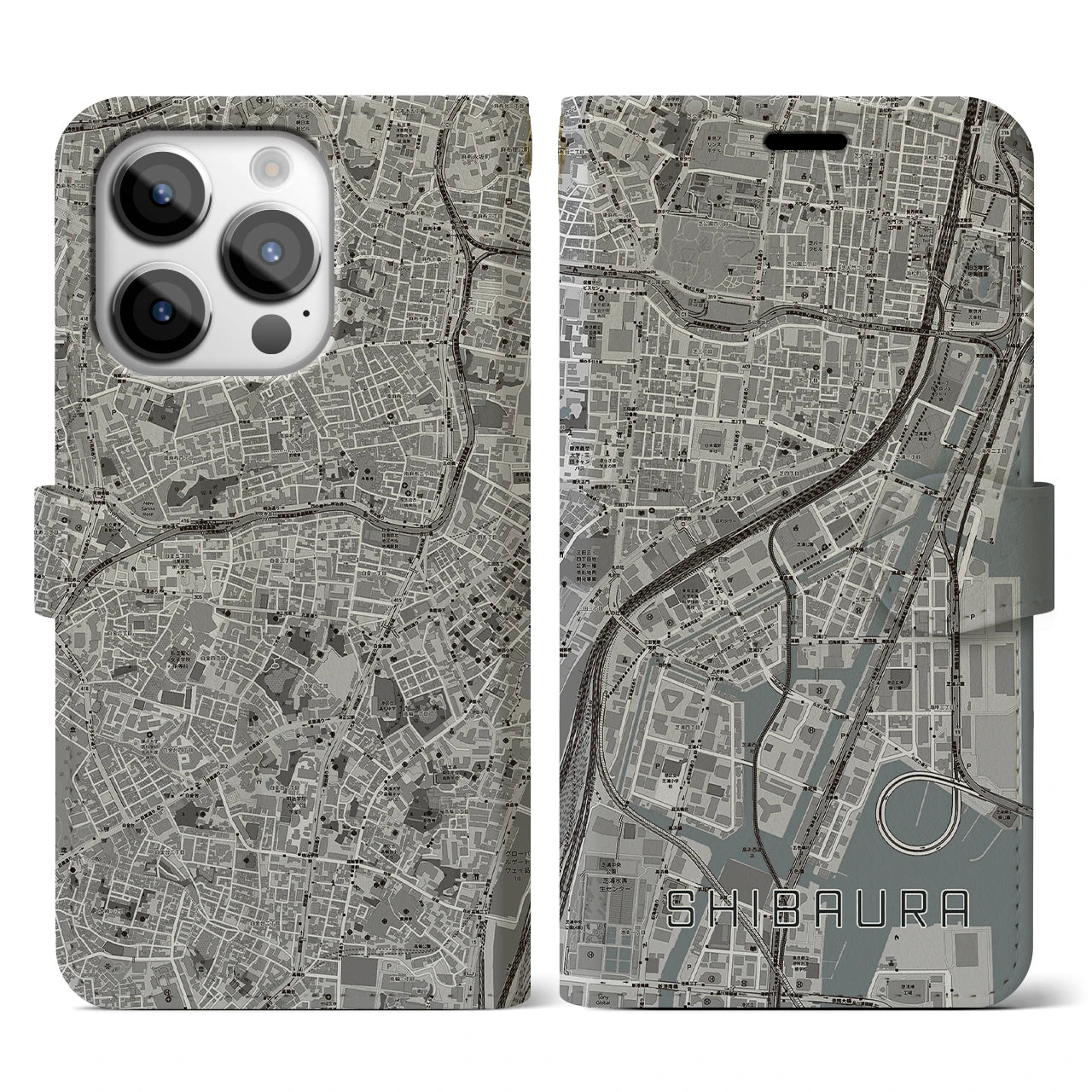 【芝浦(東京都)】地図柄iPhoneケース(手帳タイプ)モノトーン・iPhone 14 Pro 用