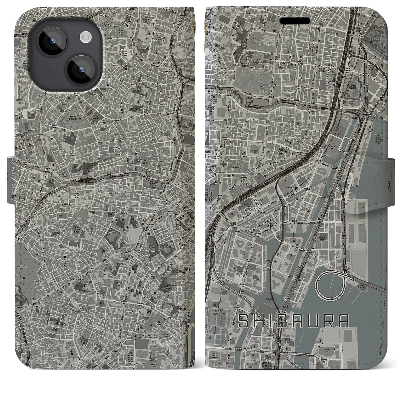 【芝浦(東京都)】地図柄iPhoneケース(手帳タイプ)モノトーン・iPhone 14 Plus 用