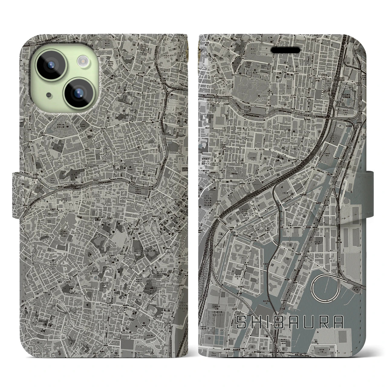 【芝浦(東京都)】地図柄iPhoneケース(手帳タイプ)モノトーン・iPhone 15 用