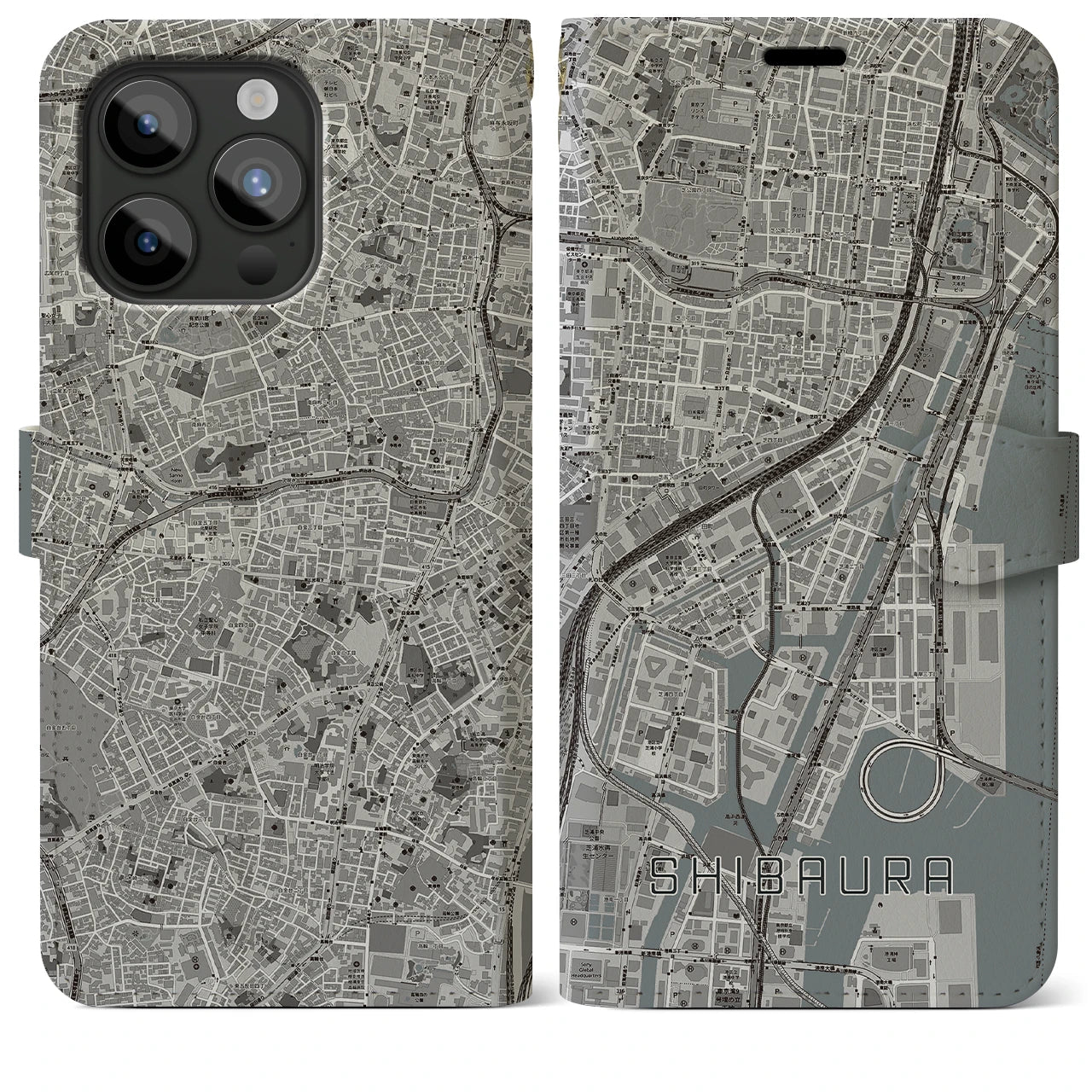【芝浦(東京都)】地図柄iPhoneケース(手帳タイプ)モノトーン・iPhone 15 Pro Max 用