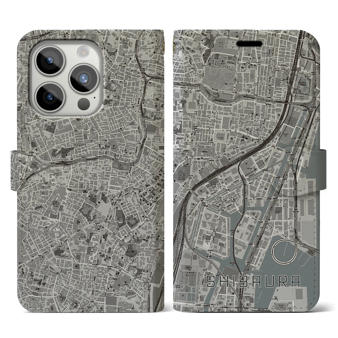 【芝浦(東京都)】地図柄iPhoneケース(手帳タイプ)モノトーン・iPhone 15 Pro 用