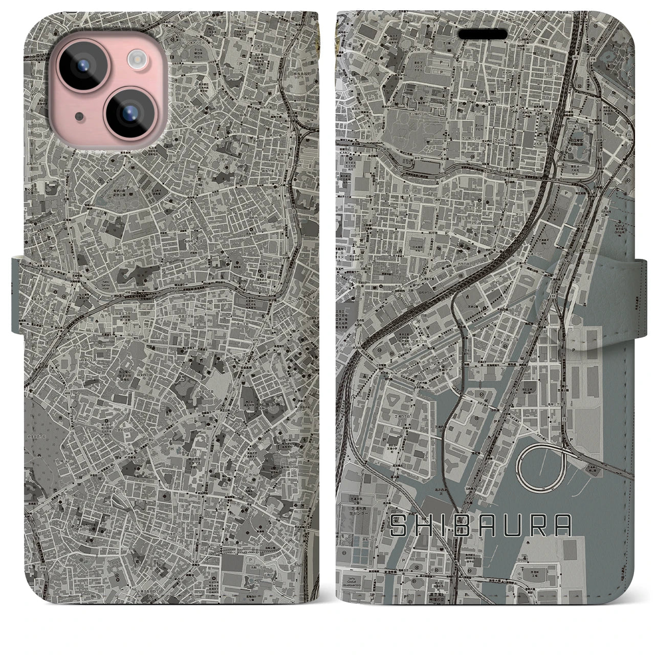 【芝浦(東京都)】地図柄iPhoneケース(手帳タイプ)モノトーン・iPhone 15 Plus 用