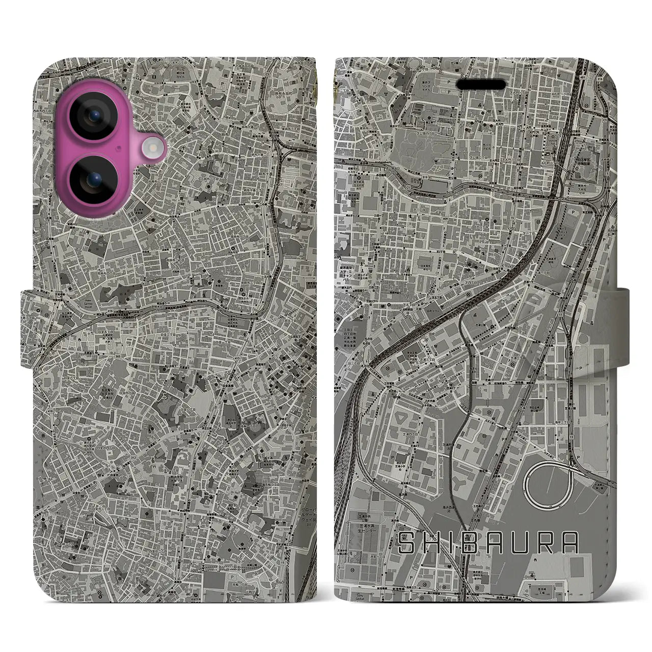 【芝浦(東京都)】地図柄iPhoneケース(手帳タイプ)モノトーン・iPhone 16 Pro 用