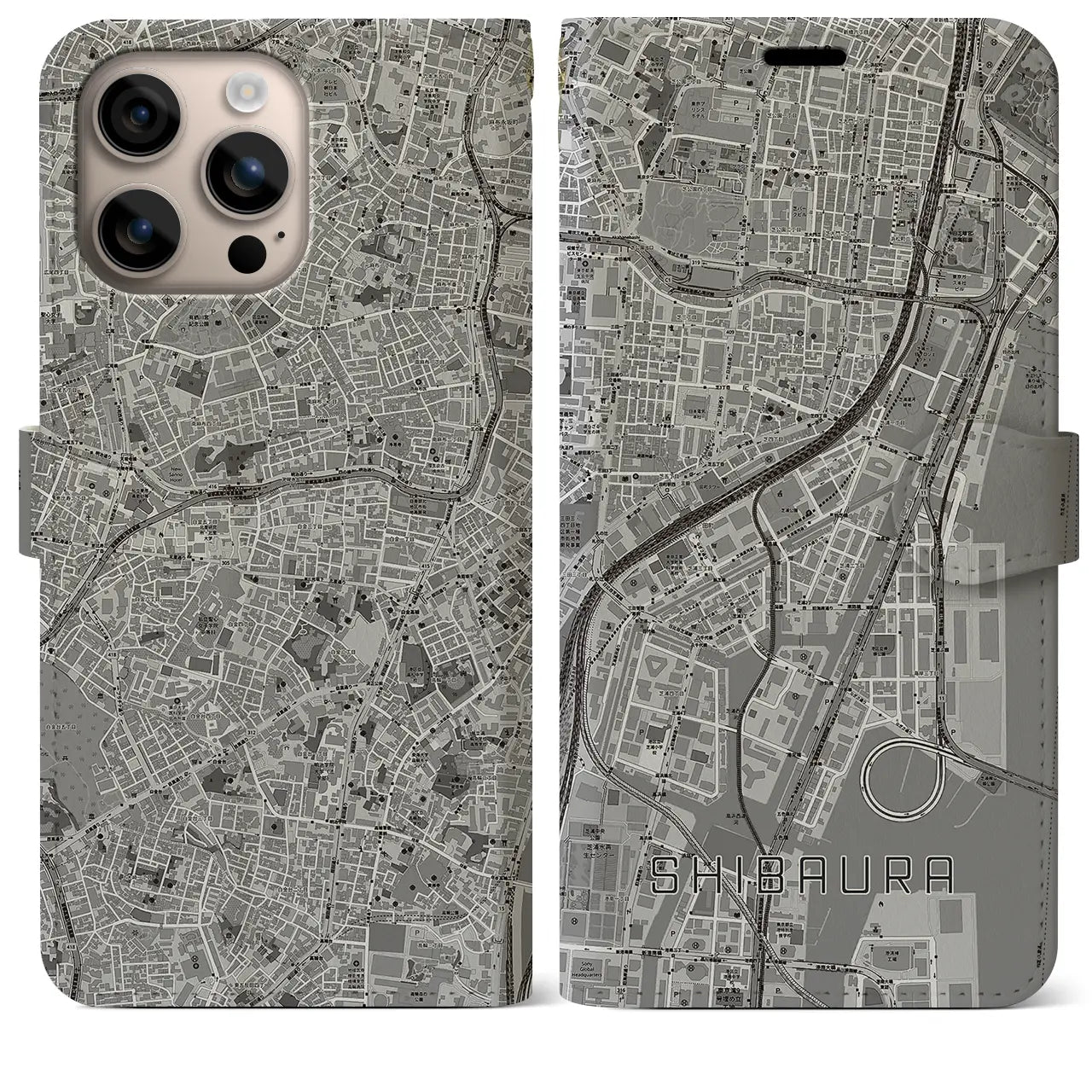 【芝浦(東京都)】地図柄iPhoneケース(手帳タイプ)モノトーン・iPhone 16 Plus 用