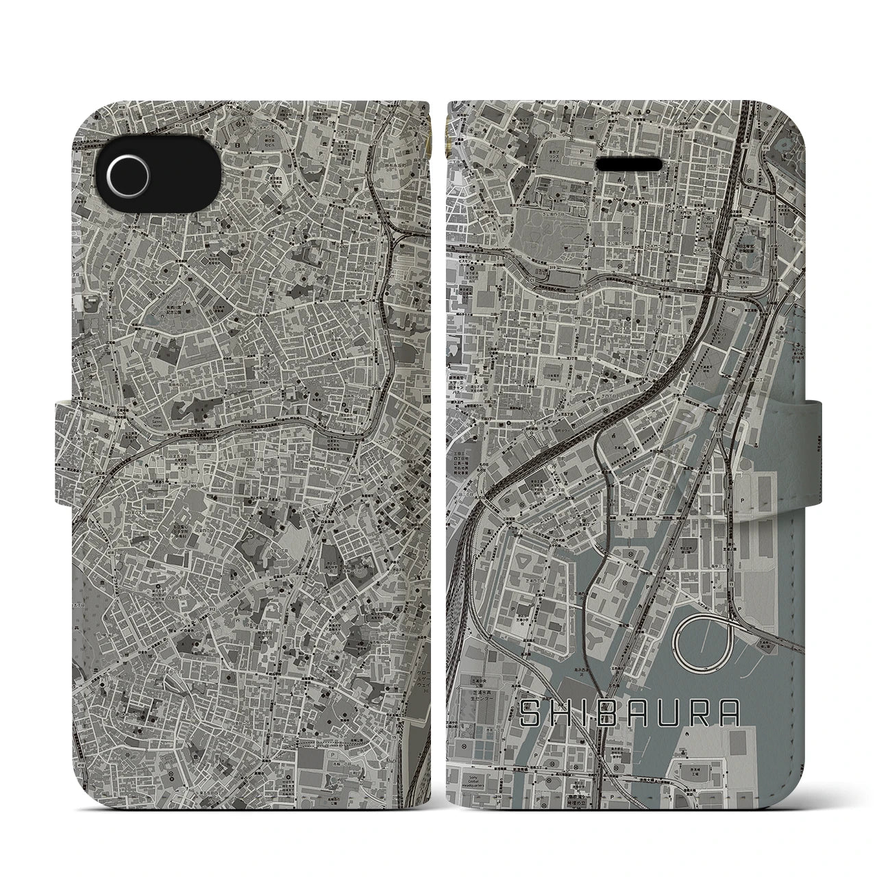 【芝浦(東京都)】地図柄iPhoneケース(手帳タイプ)モノトーン・iPhone SE(第3 / 第2世代) / 8 / 7 / 6s / 6 用