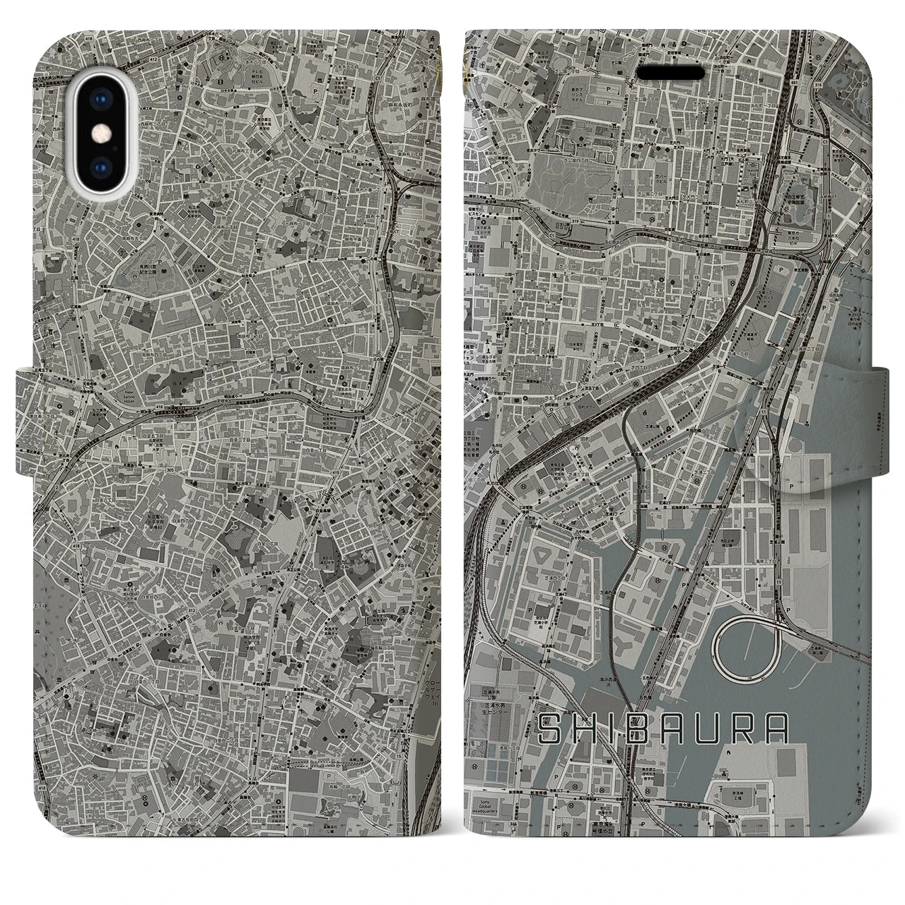 【芝浦(東京都)】地図柄iPhoneケース(手帳タイプ)モノトーン・iPhone XS Max 用