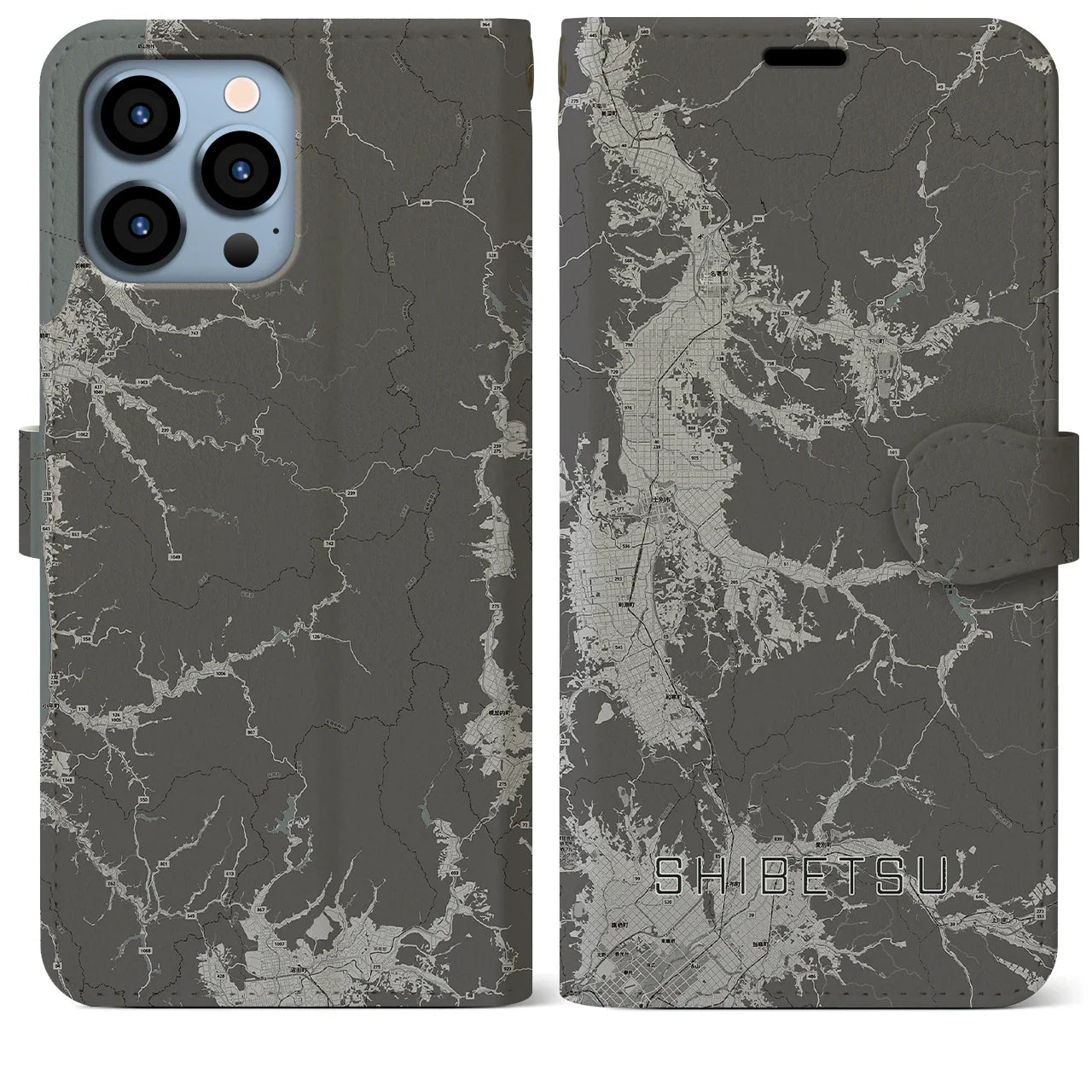 【士別(北海道)】地図柄iPhoneケース(手帳タイプ)モノトーン・iPhone 13 Pro Max 用