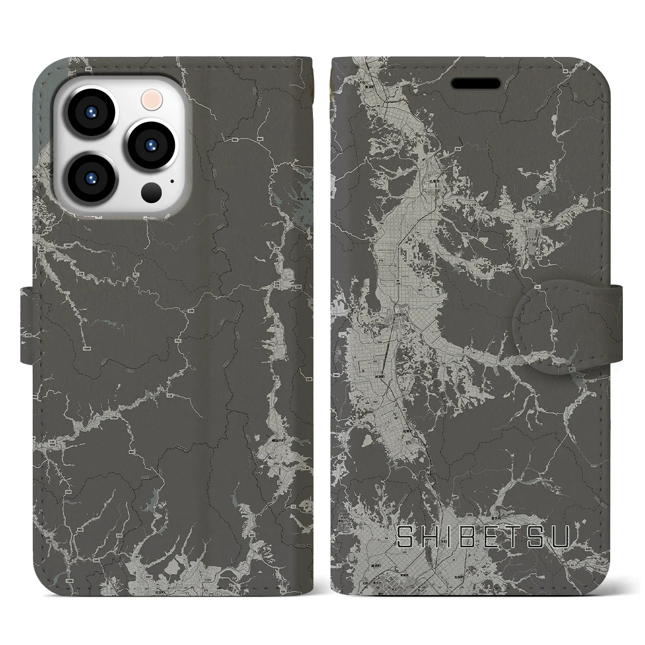 【士別(北海道)】地図柄iPhoneケース(手帳タイプ)モノトーン・iPhone 13 Pro 用