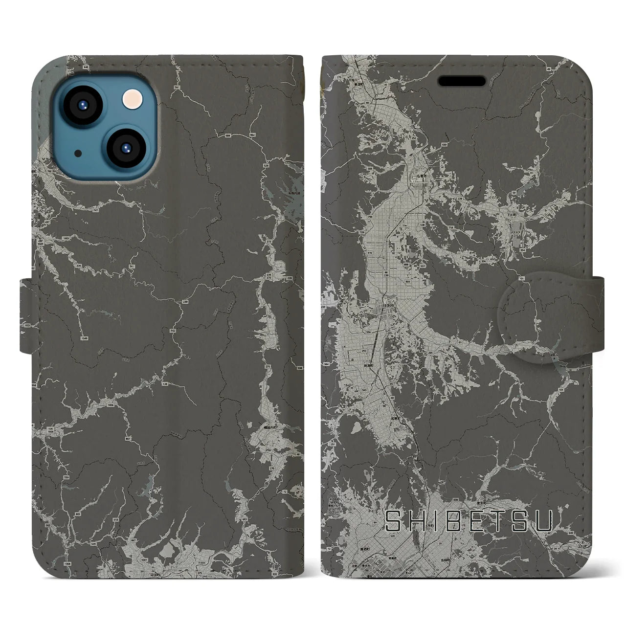 【士別(北海道)】地図柄iPhoneケース(手帳タイプ)モノトーン・iPhone 13 用