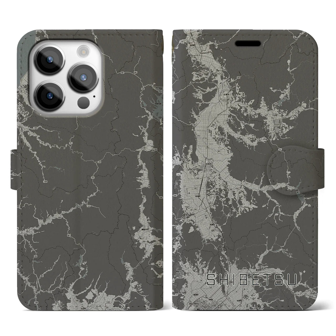 【士別(北海道)】地図柄iPhoneケース(手帳タイプ)モノトーン・iPhone 14 Pro 用