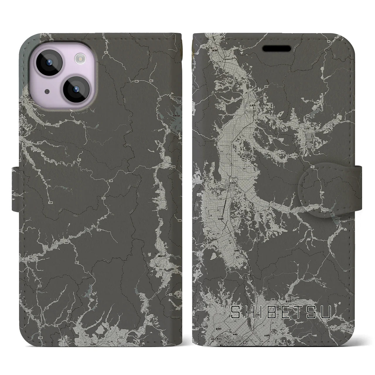 【士別(北海道)】地図柄iPhoneケース(手帳タイプ)モノトーン・iPhone 14 用