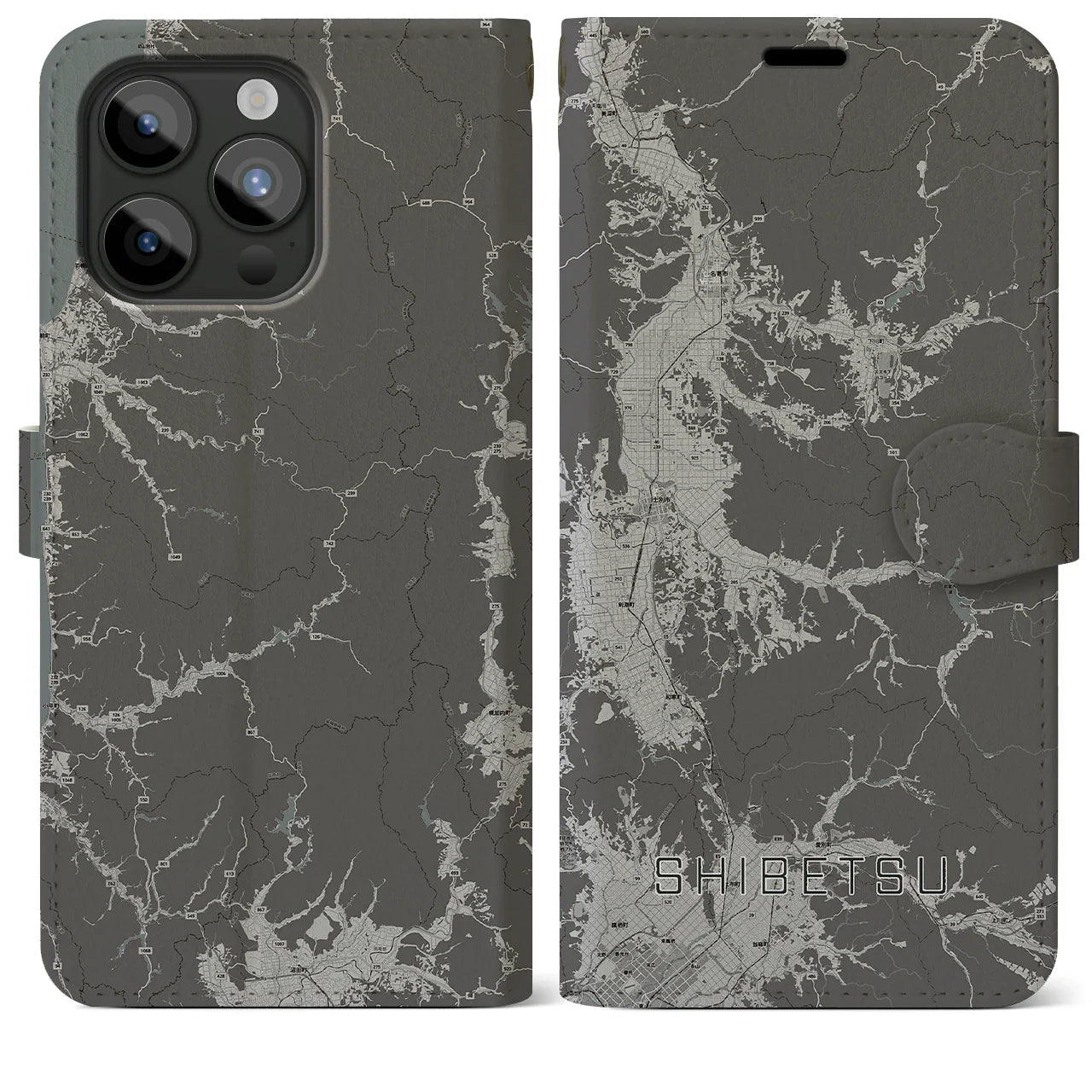 【士別(北海道)】地図柄iPhoneケース(手帳タイプ)モノトーン・iPhone 15 Pro Max 用