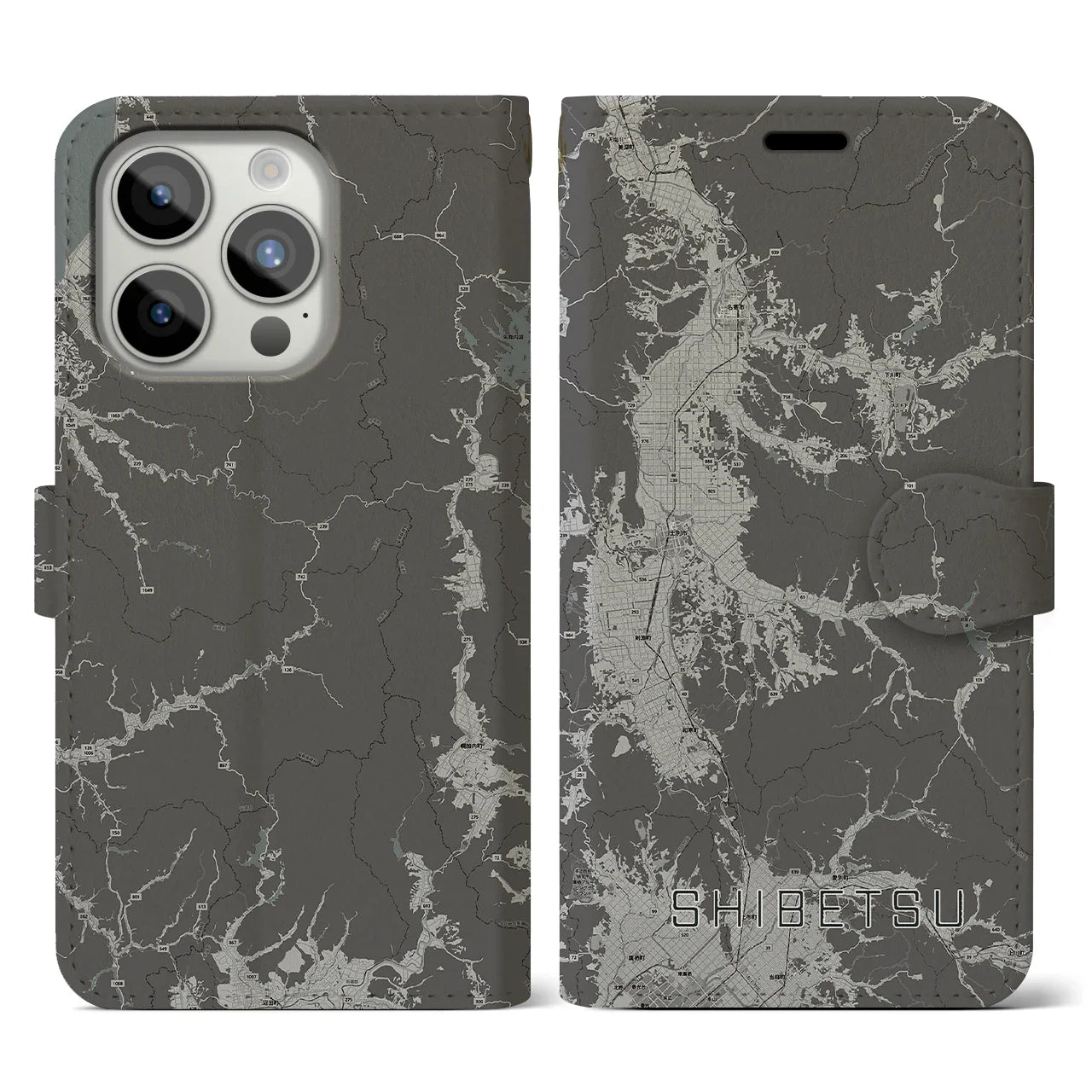 【士別(北海道)】地図柄iPhoneケース(手帳タイプ)モノトーン・iPhone 15 Pro 用