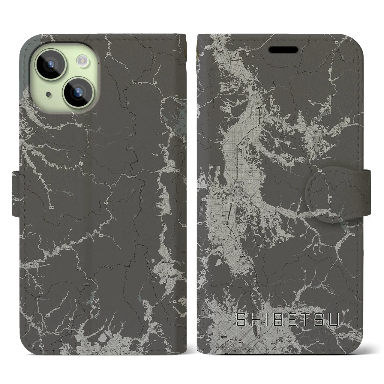 【士別(北海道)】地図柄iPhoneケース(手帳タイプ)モノトーン・iPhone 15 用