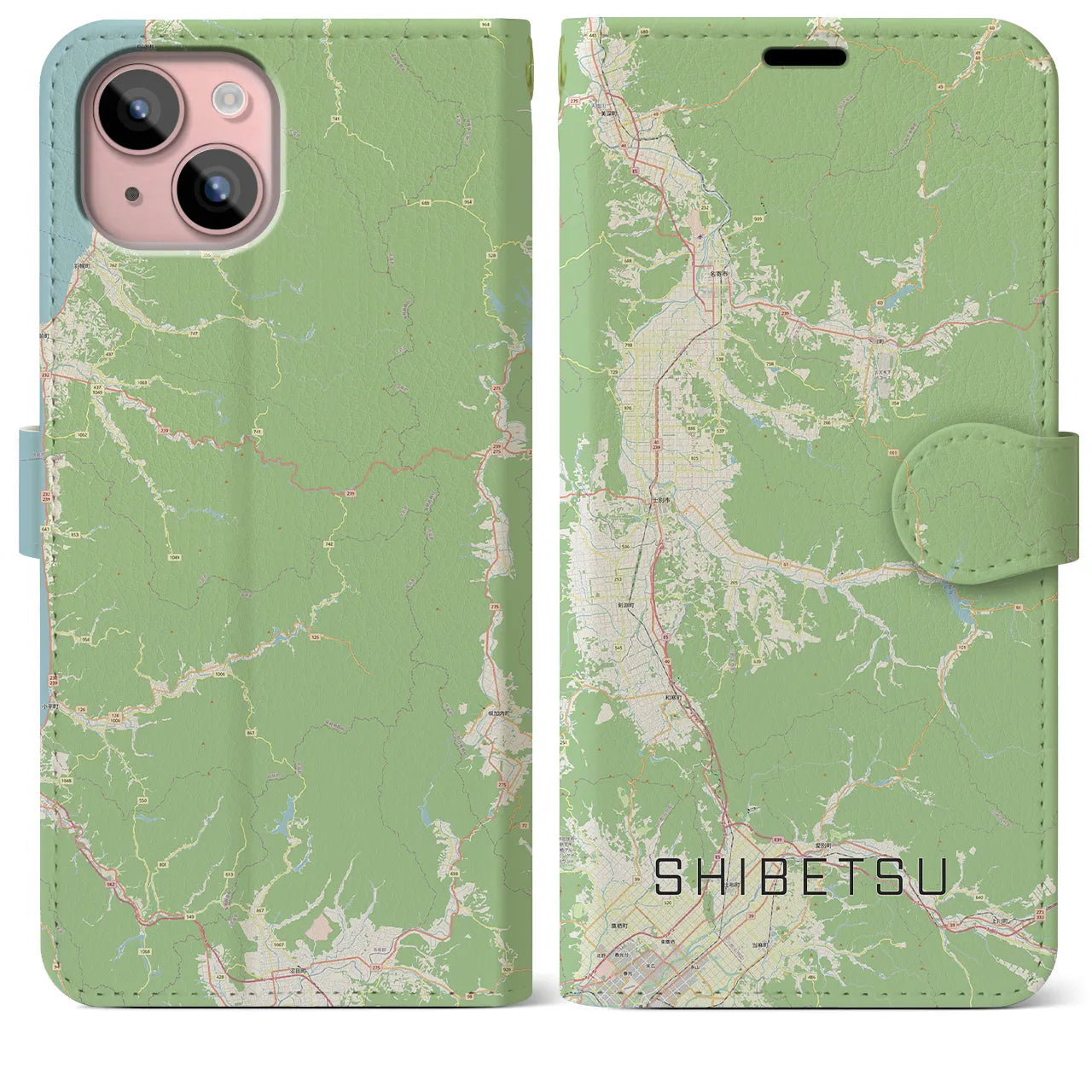 【士別(北海道)】地図柄iPhoneケース(手帳タイプ)ナチュラル・iPhone 15 Plus 用