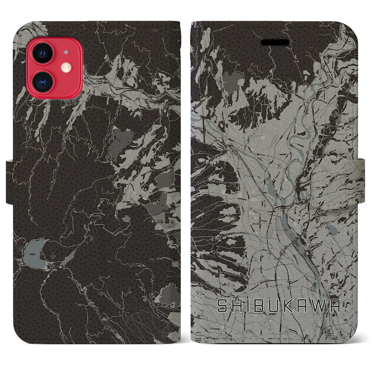 【渋川(群馬県)】地図柄iPhoneケース(手帳タイプ)モノトーン・iPhone 11 用