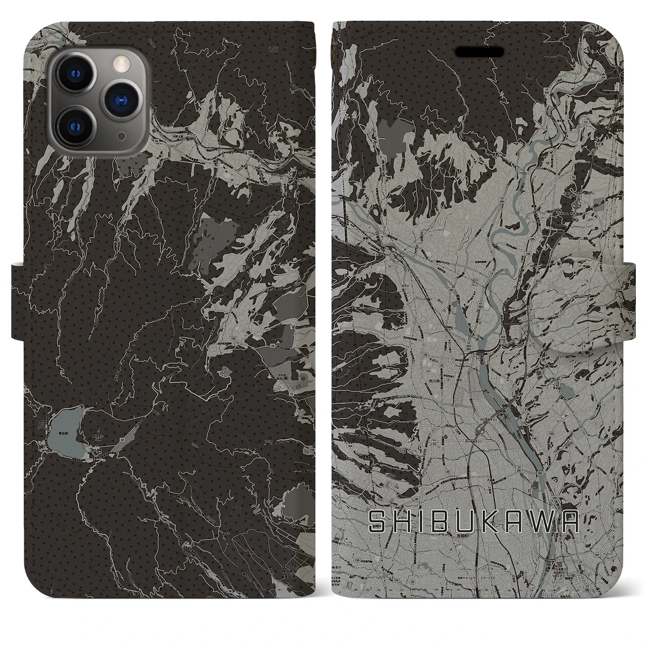 【渋川(群馬県)】地図柄iPhoneケース(手帳タイプ)モノトーン・iPhone 11 Pro Max 用