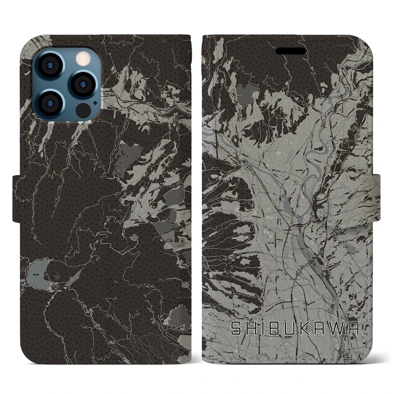 【渋川(群馬県)】地図柄iPhoneケース(手帳タイプ)モノトーン・iPhone 12 / 12 Pro 用