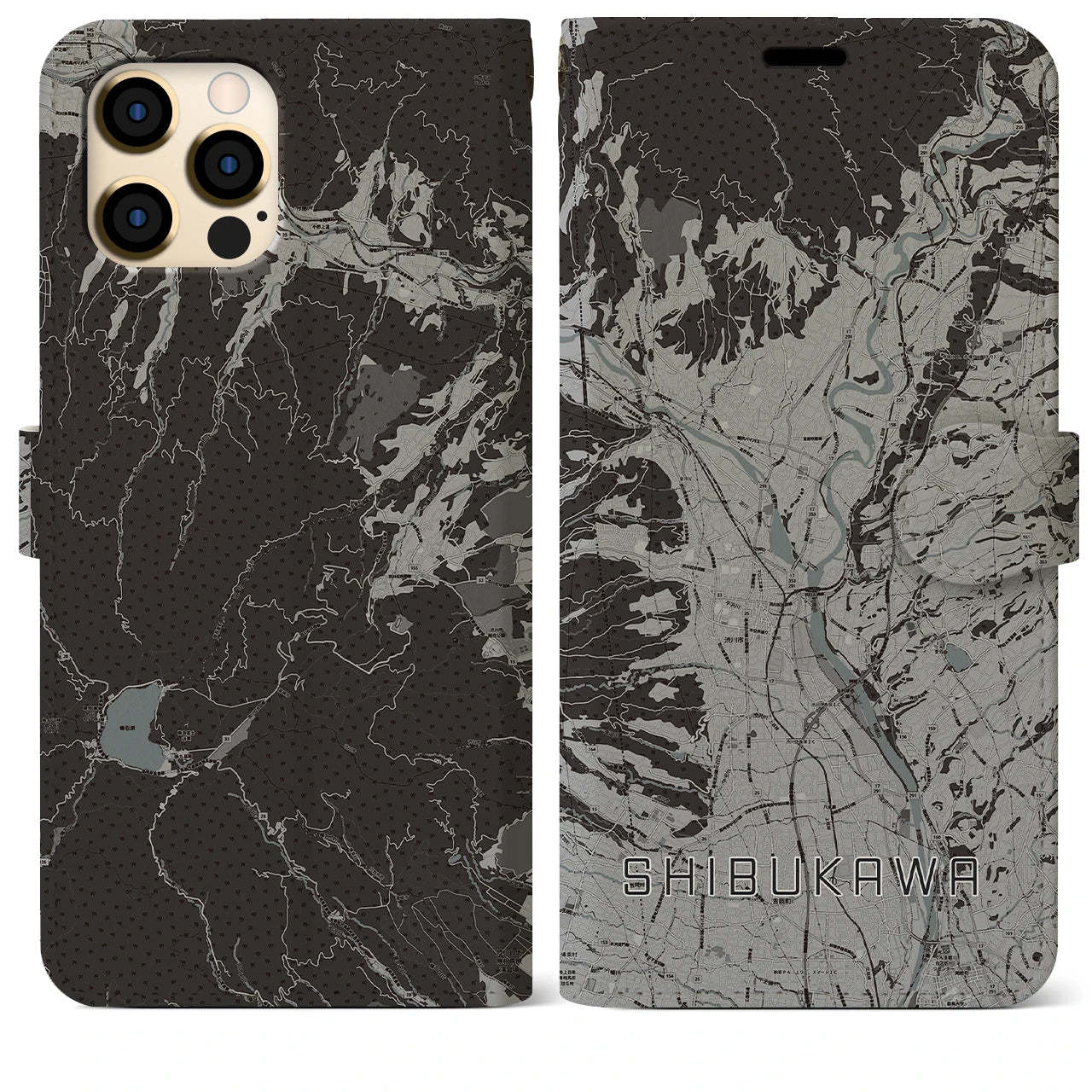 【渋川(群馬県)】地図柄iPhoneケース(手帳タイプ)モノトーン・iPhone 12 Pro Max 用