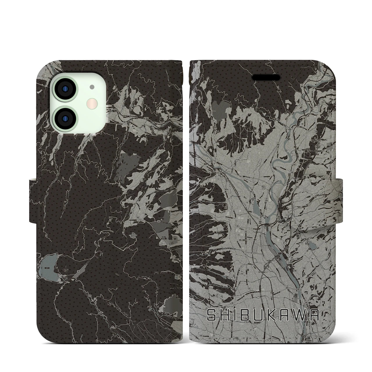 【渋川(群馬県)】地図柄iPhoneケース(手帳タイプ)モノトーン・iPhone 12 mini 用