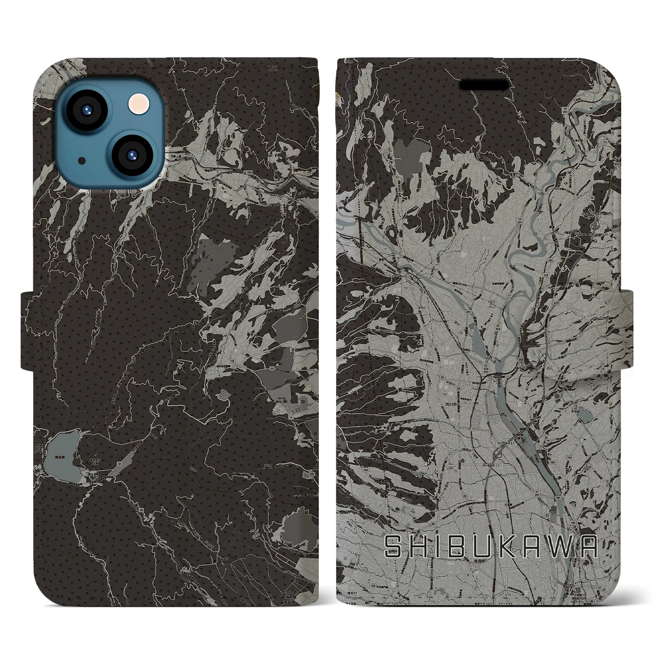 【渋川(群馬県)】地図柄iPhoneケース(手帳タイプ)モノトーン・iPhone 13 用