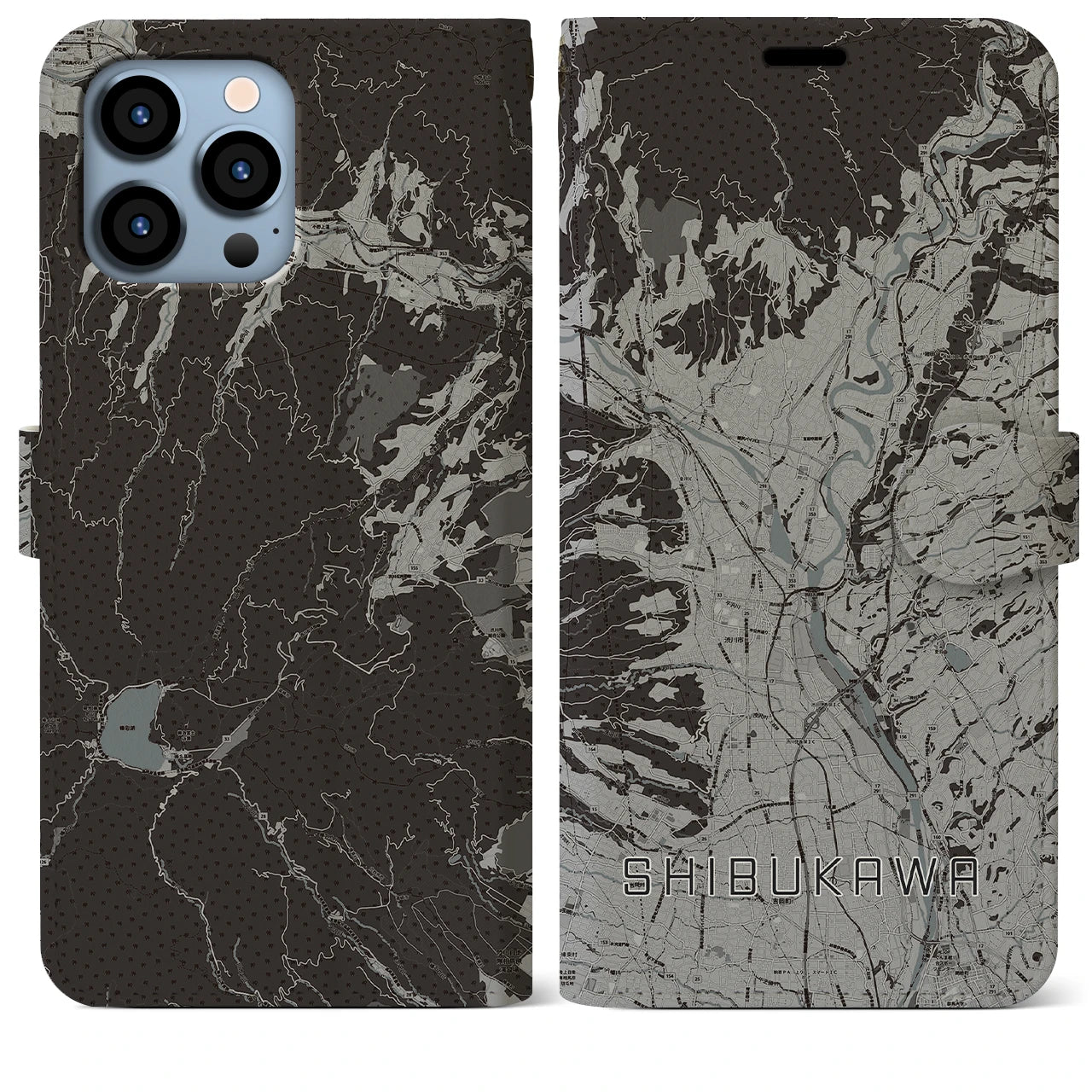 【渋川(群馬県)】地図柄iPhoneケース(手帳タイプ)モノトーン・iPhone 13 Pro Max 用