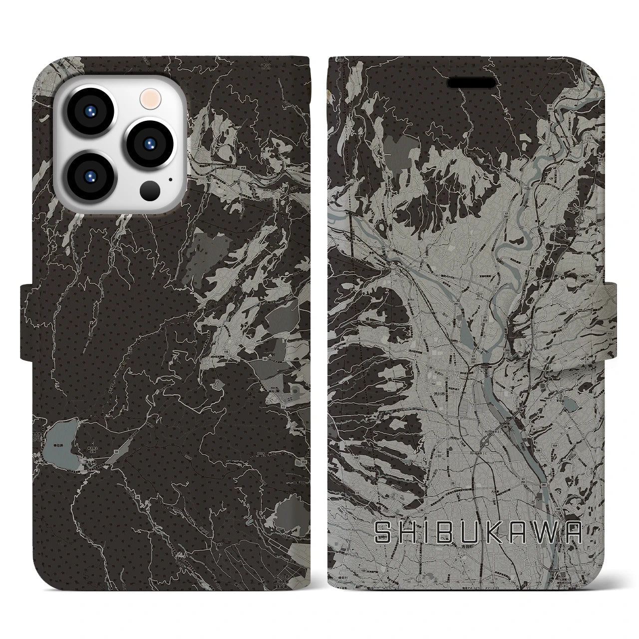 【渋川(群馬県)】地図柄iPhoneケース(手帳タイプ)モノトーン・iPhone 13 Pro 用