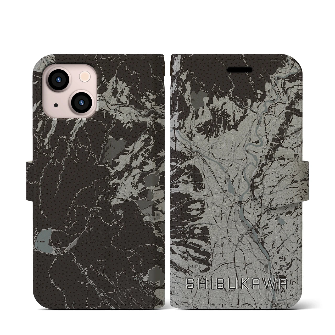 【渋川(群馬県)】地図柄iPhoneケース(手帳タイプ)モノトーン・iPhone 13 mini 用