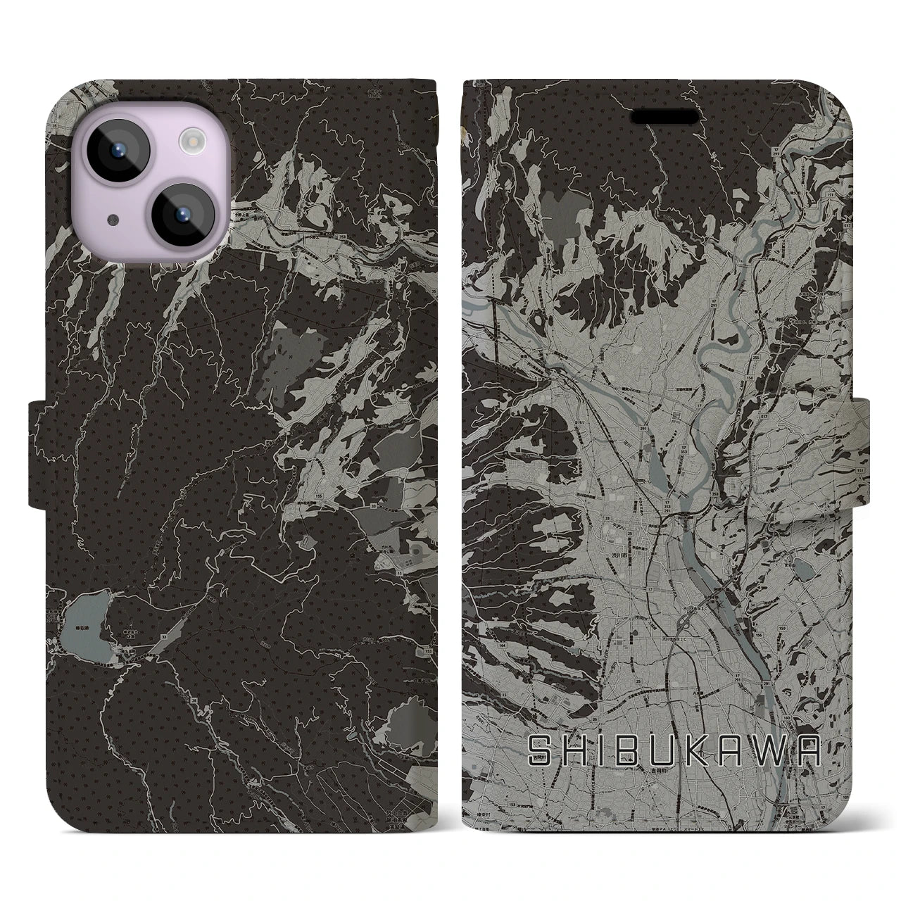 【渋川(群馬県)】地図柄iPhoneケース(手帳タイプ)モノトーン・iPhone 14 用