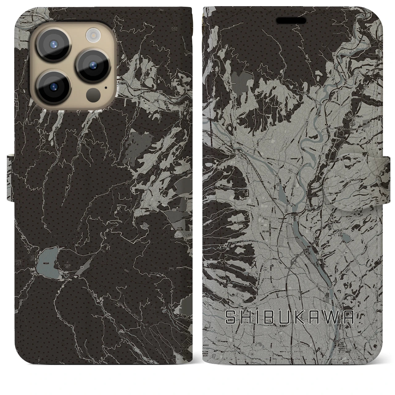 【渋川(群馬県)】地図柄iPhoneケース(手帳タイプ)モノトーン・iPhone 14 Pro Max 用