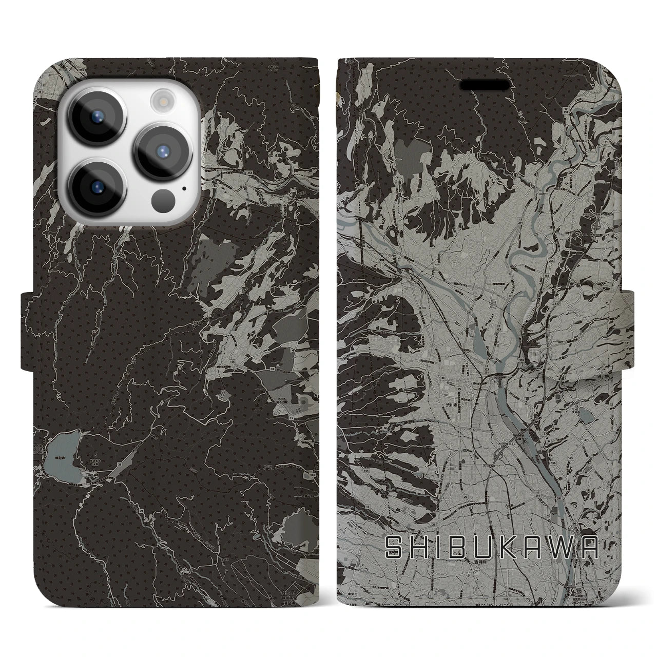 【渋川(群馬県)】地図柄iPhoneケース(手帳タイプ)モノトーン・iPhone 14 Pro 用