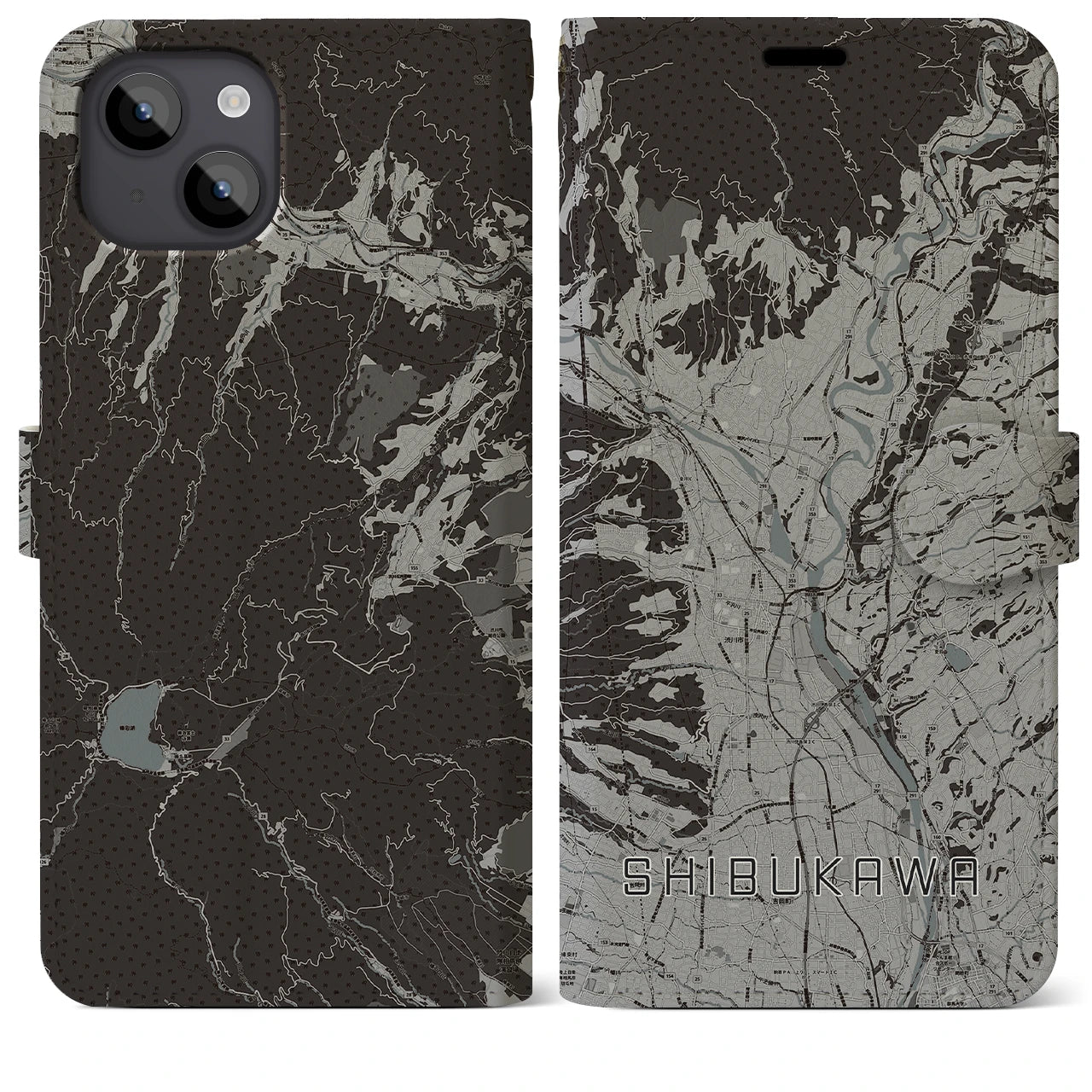 【渋川(群馬県)】地図柄iPhoneケース(手帳タイプ)モノトーン・iPhone 14 Plus 用