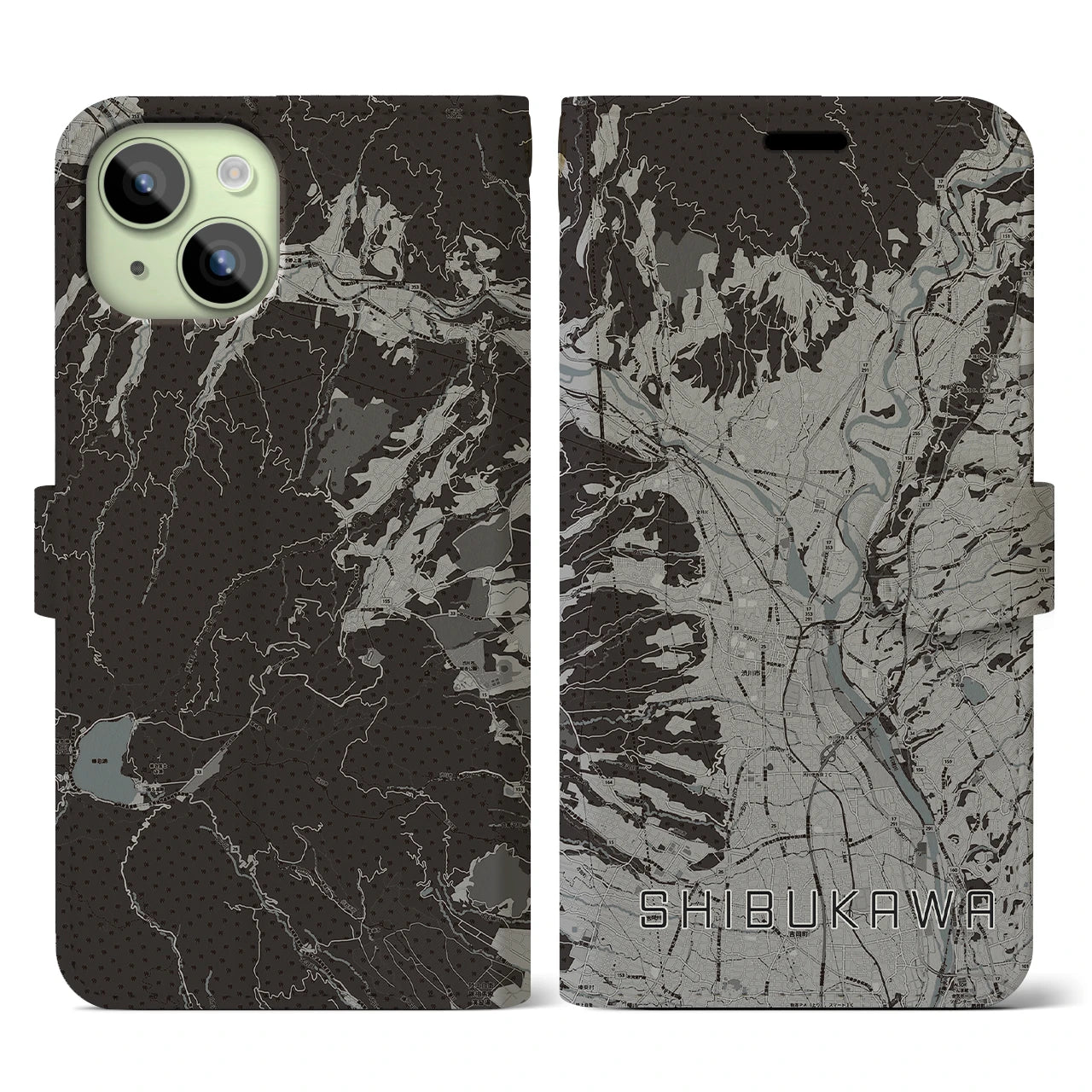 【渋川(群馬県)】地図柄iPhoneケース(手帳タイプ)モノトーン・iPhone 15 用
