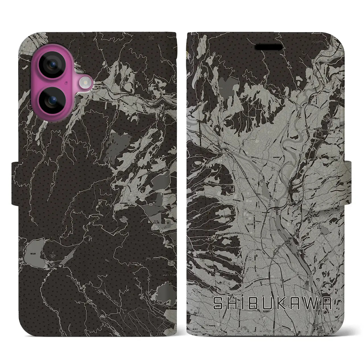 【渋川(群馬県)】地図柄iPhoneケース(手帳タイプ)モノトーン・iPhone 16 Pro 用