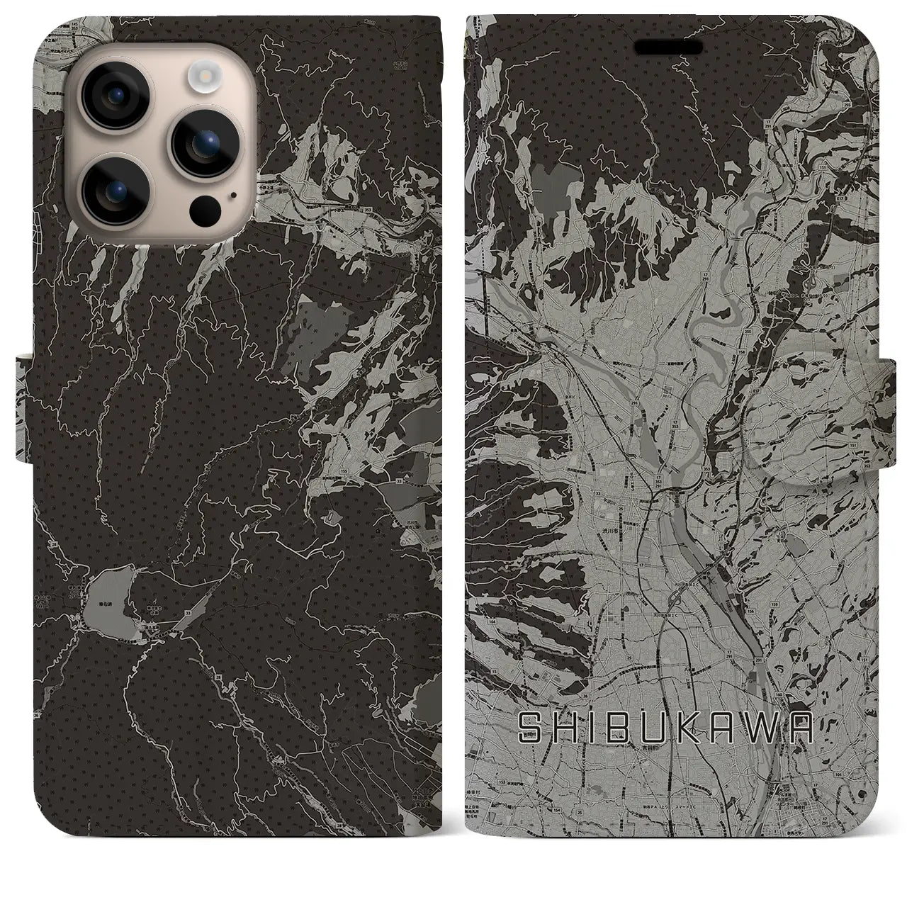 【渋川(群馬県)】地図柄iPhoneケース(手帳タイプ)モノトーン・iPhone 16 Plus 用