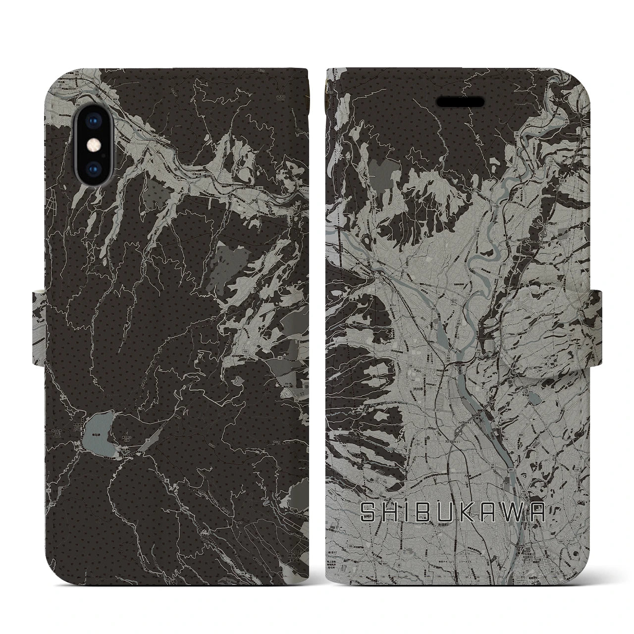 【渋川(群馬県)】地図柄iPhoneケース(手帳タイプ)モノトーン・iPhone XS / X 用