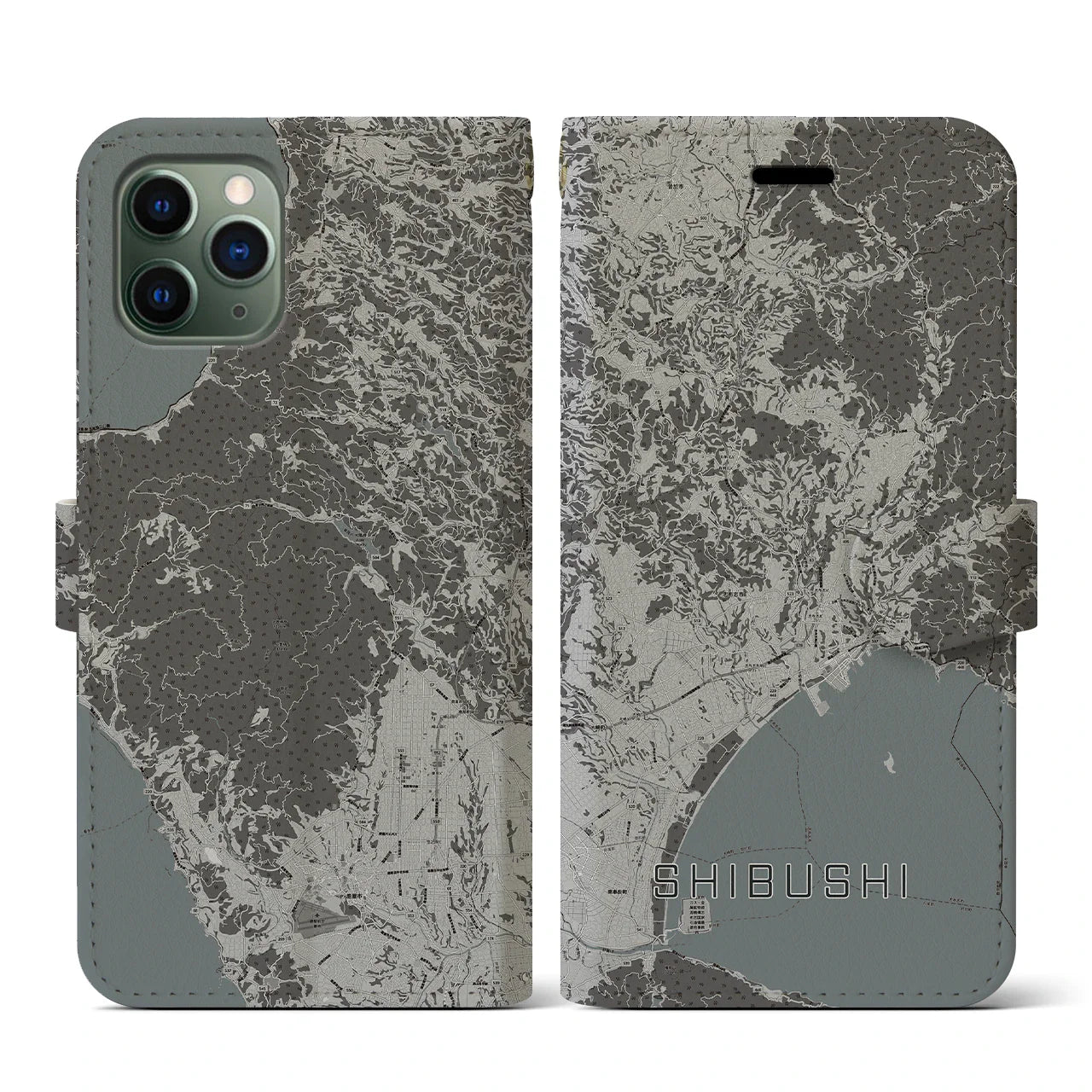 【志布志(鹿児島県)】地図柄iPhoneケース(手帳タイプ)モノトーン・iPhone 11 Pro 用