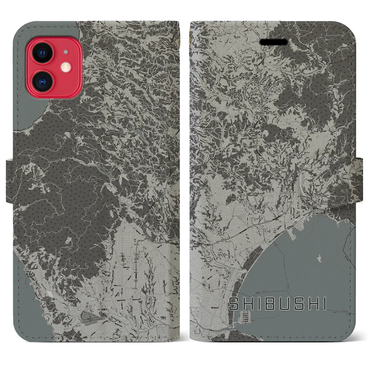 【志布志(鹿児島県)】地図柄iPhoneケース(手帳タイプ)モノトーン・iPhone 11 用