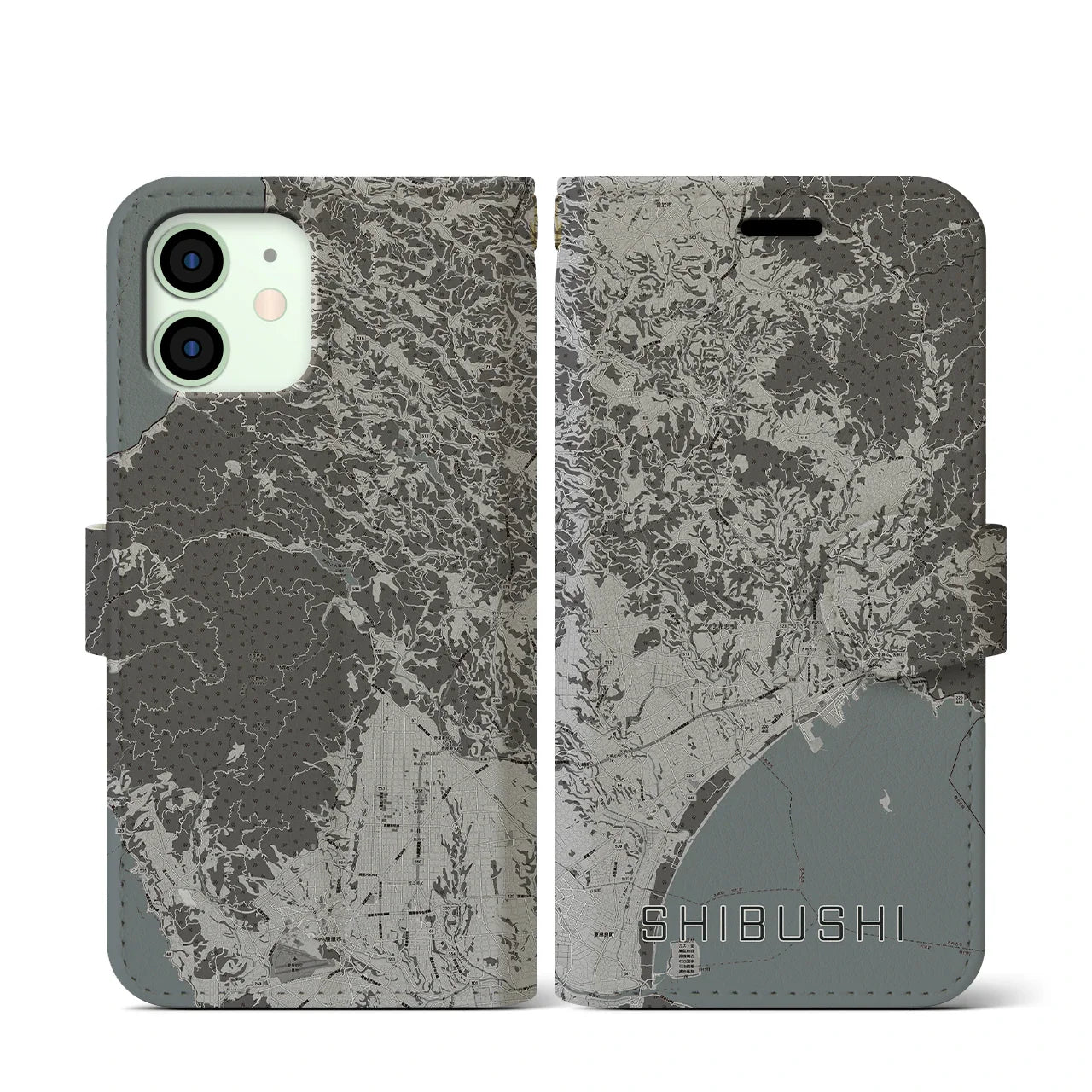 【志布志(鹿児島県)】地図柄iPhoneケース(手帳タイプ)モノトーン・iPhone 12 mini 用